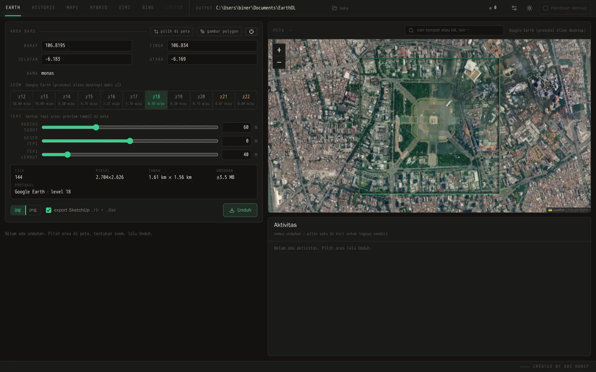EarthDL main window: pick the area, the zoom and the edge shape